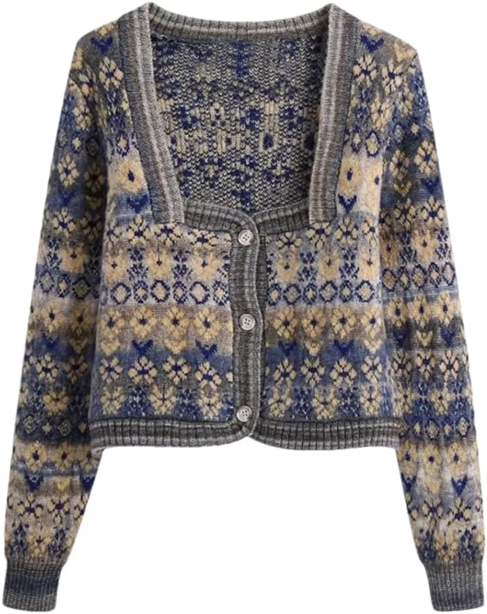 Women's Retro Square Neck Floral Print Knitted Sweater Long Sleeve Cardigan Top