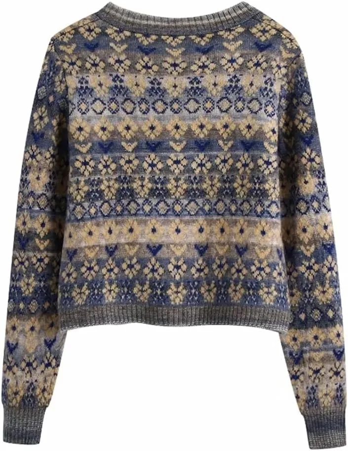 Women's Retro Square Neck Floral Print Knitted Sweater Long Sleeve Cardigan Top