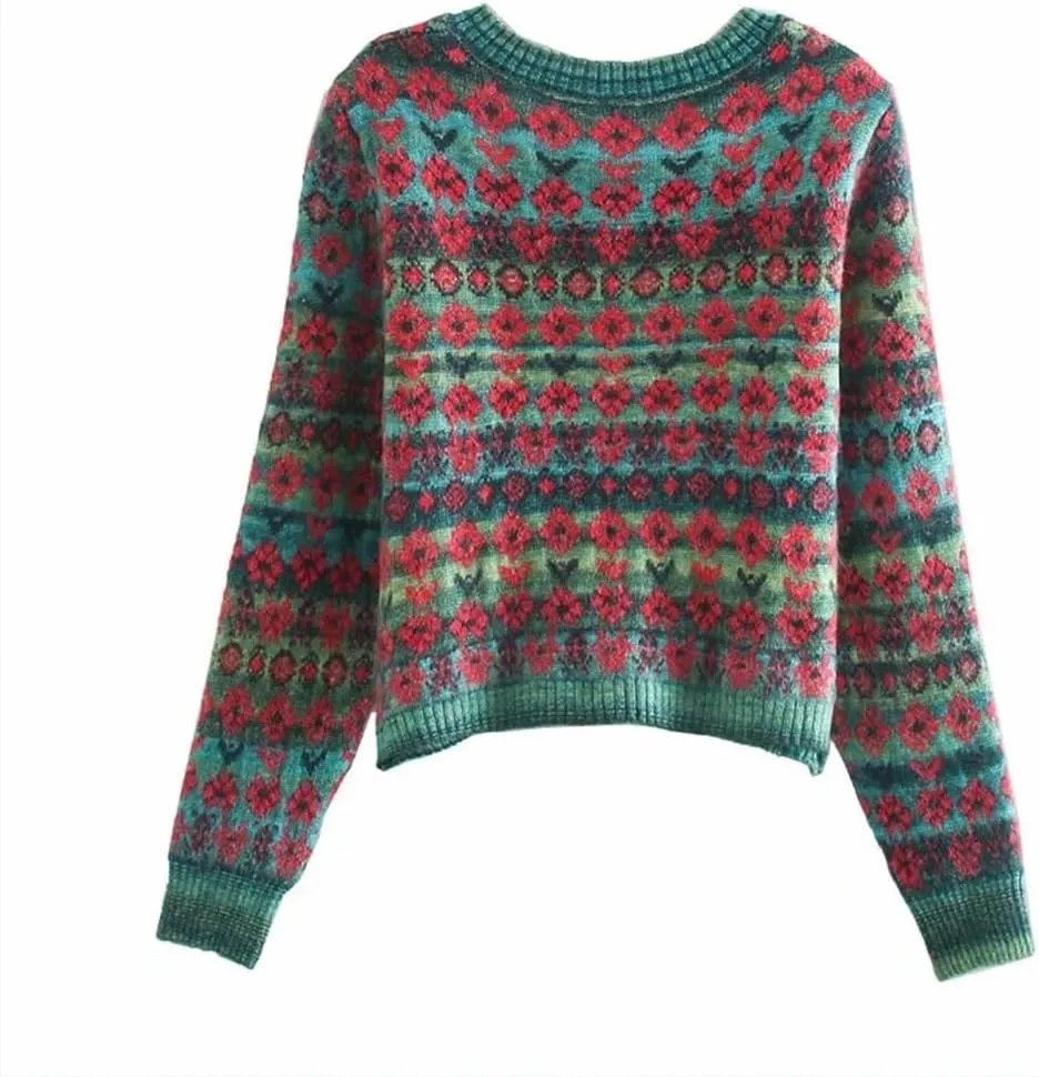 Women's Retro Square Neck Floral Print Knitted Sweater Long Sleeve Cardigan Top