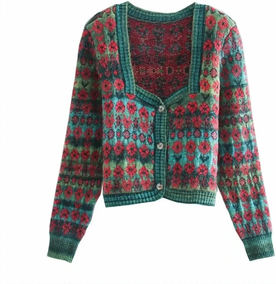 Women's Retro Square Neck Floral Print Knitted Sweater Long Sleeve Cardigan Top