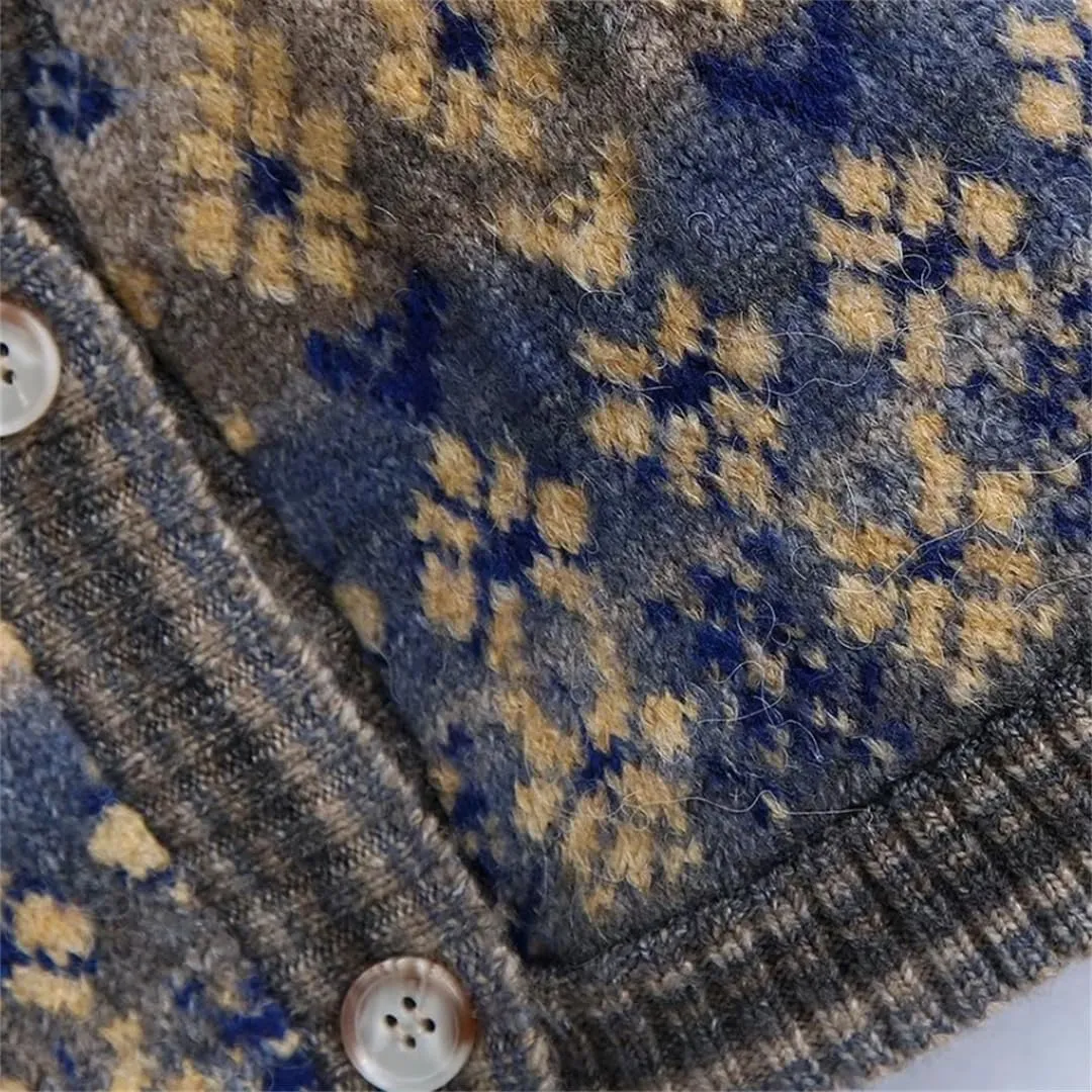 Women's Retro Square Neck Floral Print Knitted Sweater Long Sleeve Cardigan Top