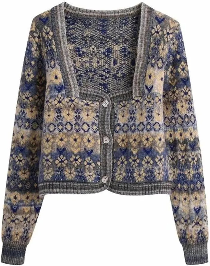 Women's Retro Square Neck Floral Print Knitted Sweater Long Sleeve Cardigan Top