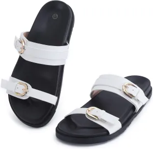 Women's Sandal Slide, Handmade Soft Cushioned Footbed Open Toe Slides, Adjustable Slip On Flat, Size 7-10