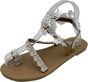 Women's Sandals Flat Clip Toe Casual Lace Floral Beach Flip Flop Comfy Shoes Summer Elegant Toe Ring Roman Sandals Comfy Dress