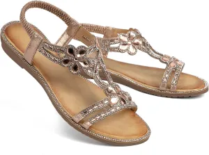 Womens Sandals Shoes Comfort Non Slip Walking Casual Summer Beach Shoes Dress Ankle Elastic Flower Jeweled Bohemian Flats
