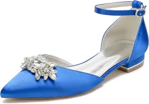 Women's Satin Ankle Strap Bridal Shoes Crystal Closed Pointed Toe Formal Prom Party Wedding Sandals Buckle Banquet Shoes