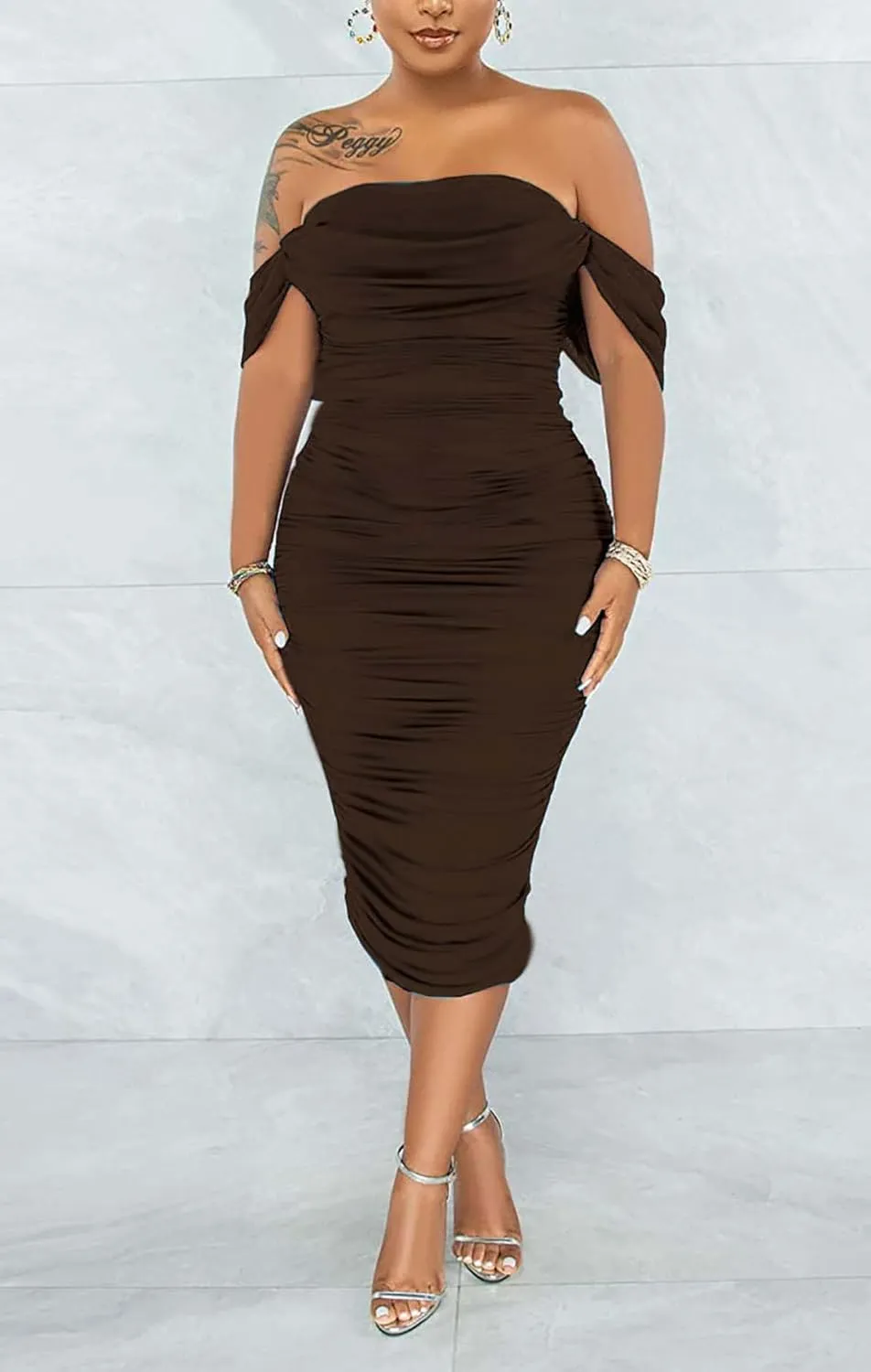 Women's Sexy Off Shoulder Sleeveless Bodycon Ruched Midi Elegant Cocktail Evening Party Night Tube Dresses