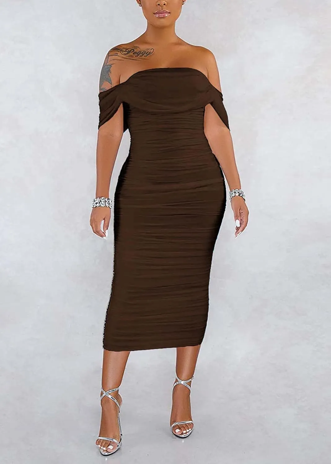 Women's Sexy Off Shoulder Sleeveless Bodycon Ruched Midi Elegant Cocktail Evening Party Night Tube Dresses