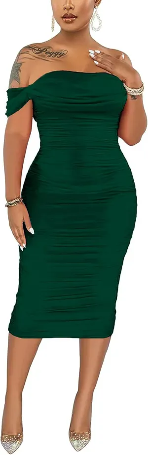 Women's Sexy Off Shoulder Sleeveless Bodycon Ruched Midi Elegant Cocktail Evening Party Night Tube Dresses