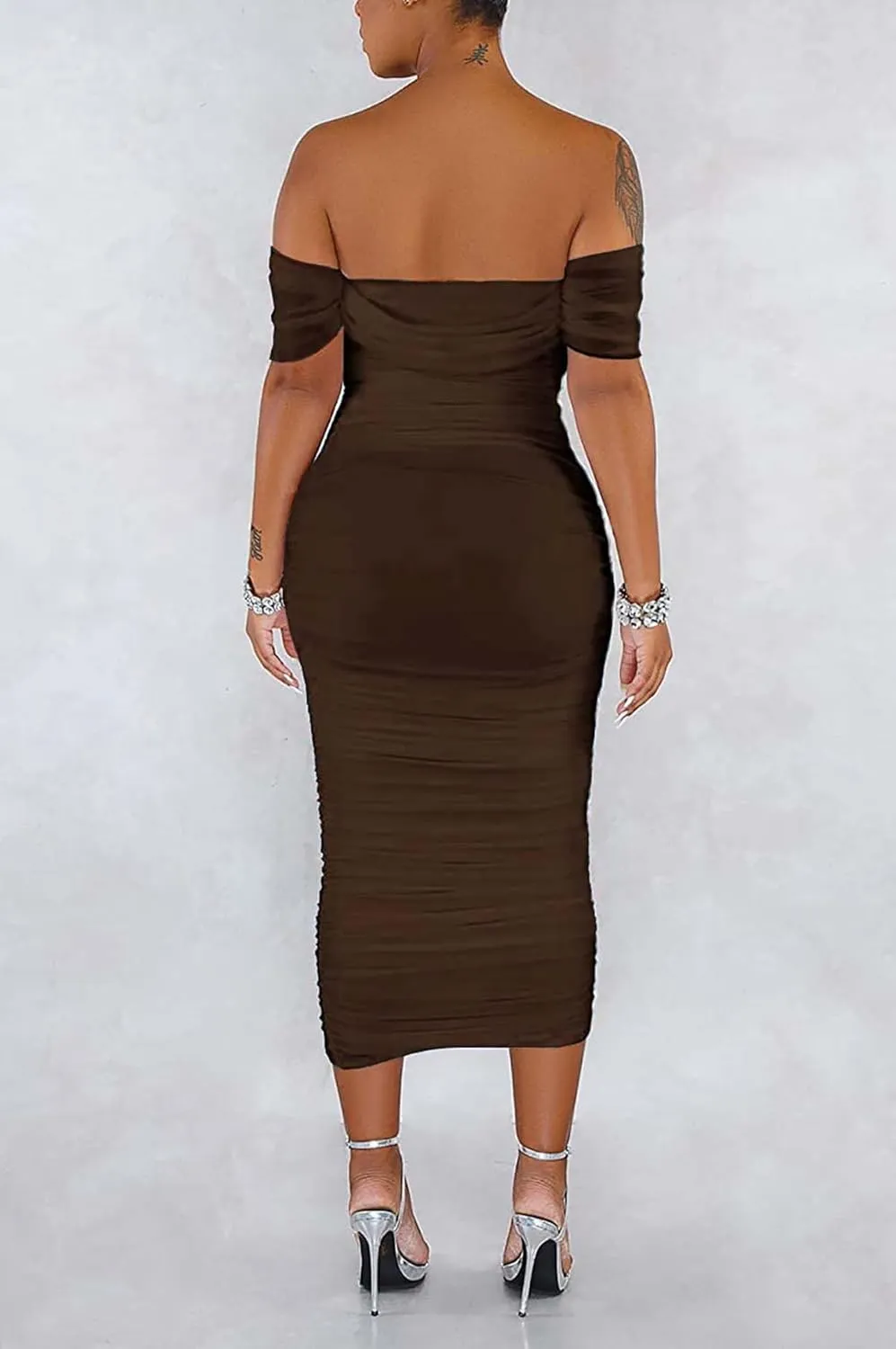 Women's Sexy Off Shoulder Sleeveless Bodycon Ruched Midi Elegant Cocktail Evening Party Night Tube Dresses