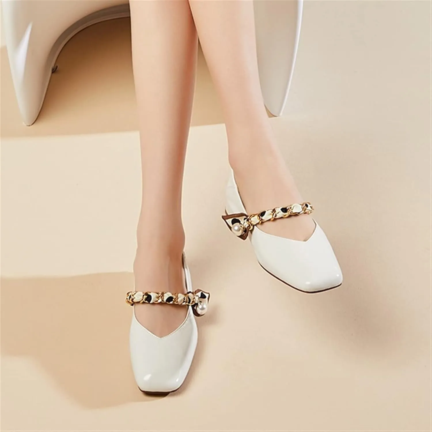 Womens Shoes Ballet Shoes Women Shoes Genuine Cow Leather Square Toe Pearl Chain Slip-On Elegant Female Loafers