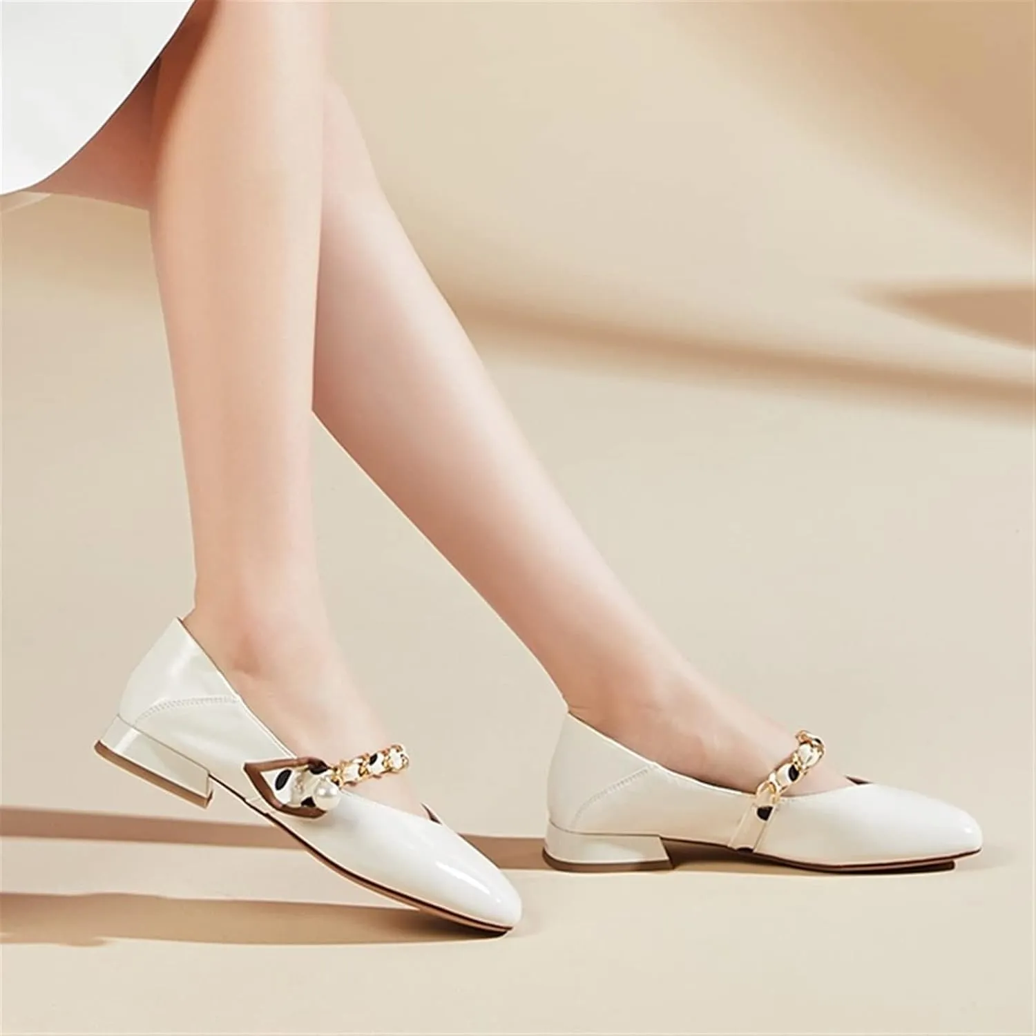 Womens Shoes Ballet Shoes Women Shoes Genuine Cow Leather Square Toe Pearl Chain Slip-On Elegant Female Loafers