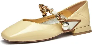 Womens Shoes Ballet Shoes Women Shoes Genuine Cow Leather Square Toe Pearl Chain Slip-On Elegant Female Loafers