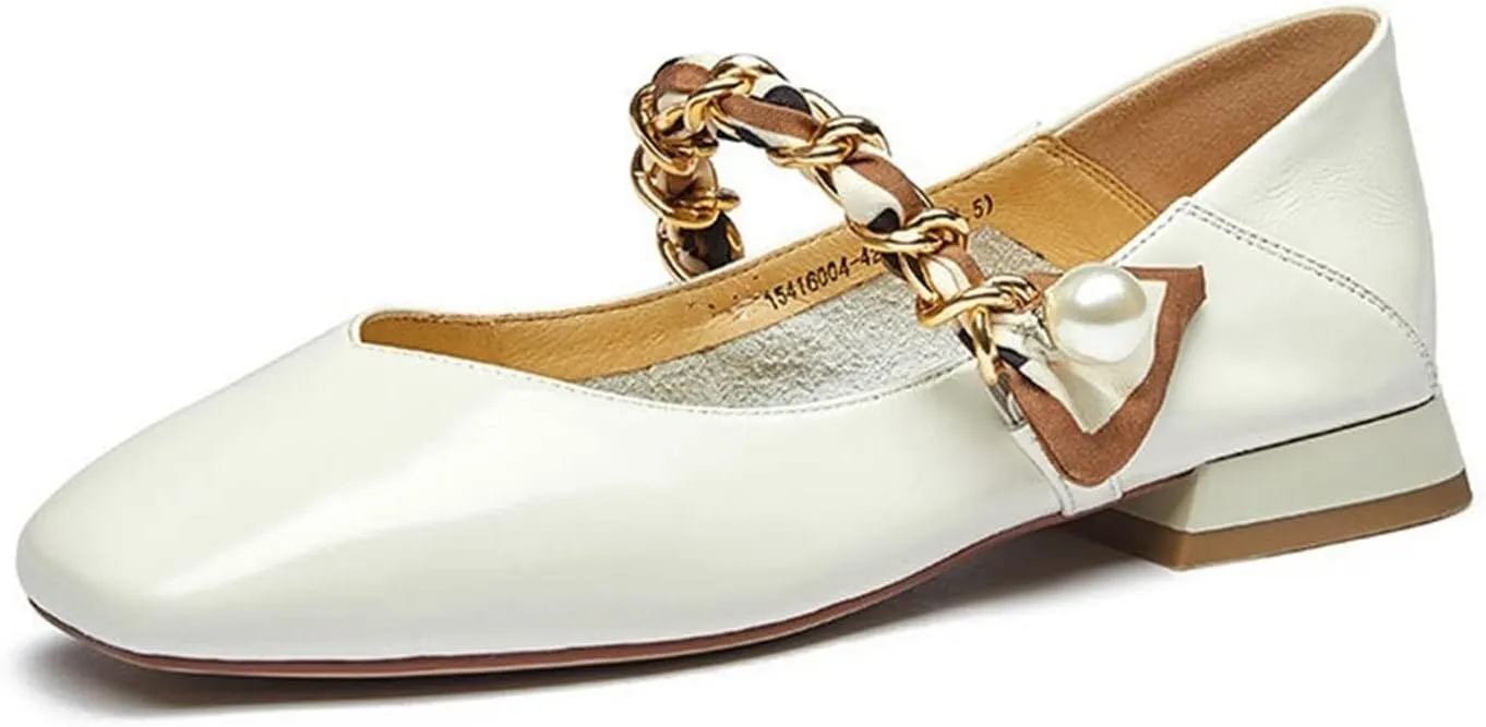 Womens Shoes Ballet Shoes Women Shoes Genuine Cow Leather Square Toe Pearl Chain Slip-On Elegant Female Loafers
