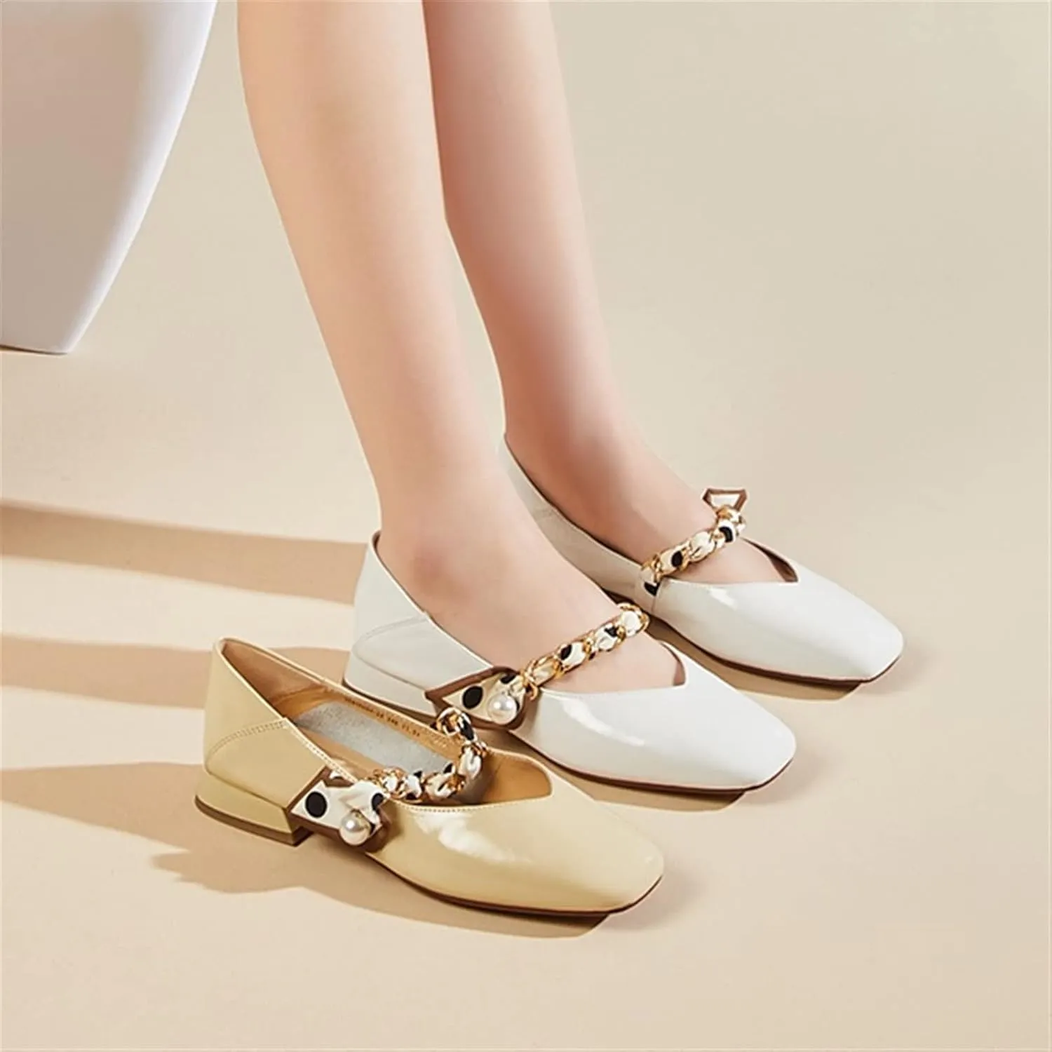 Womens Shoes Ballet Shoes Women Shoes Genuine Cow Leather Square Toe Pearl Chain Slip-On Elegant Female Loafers