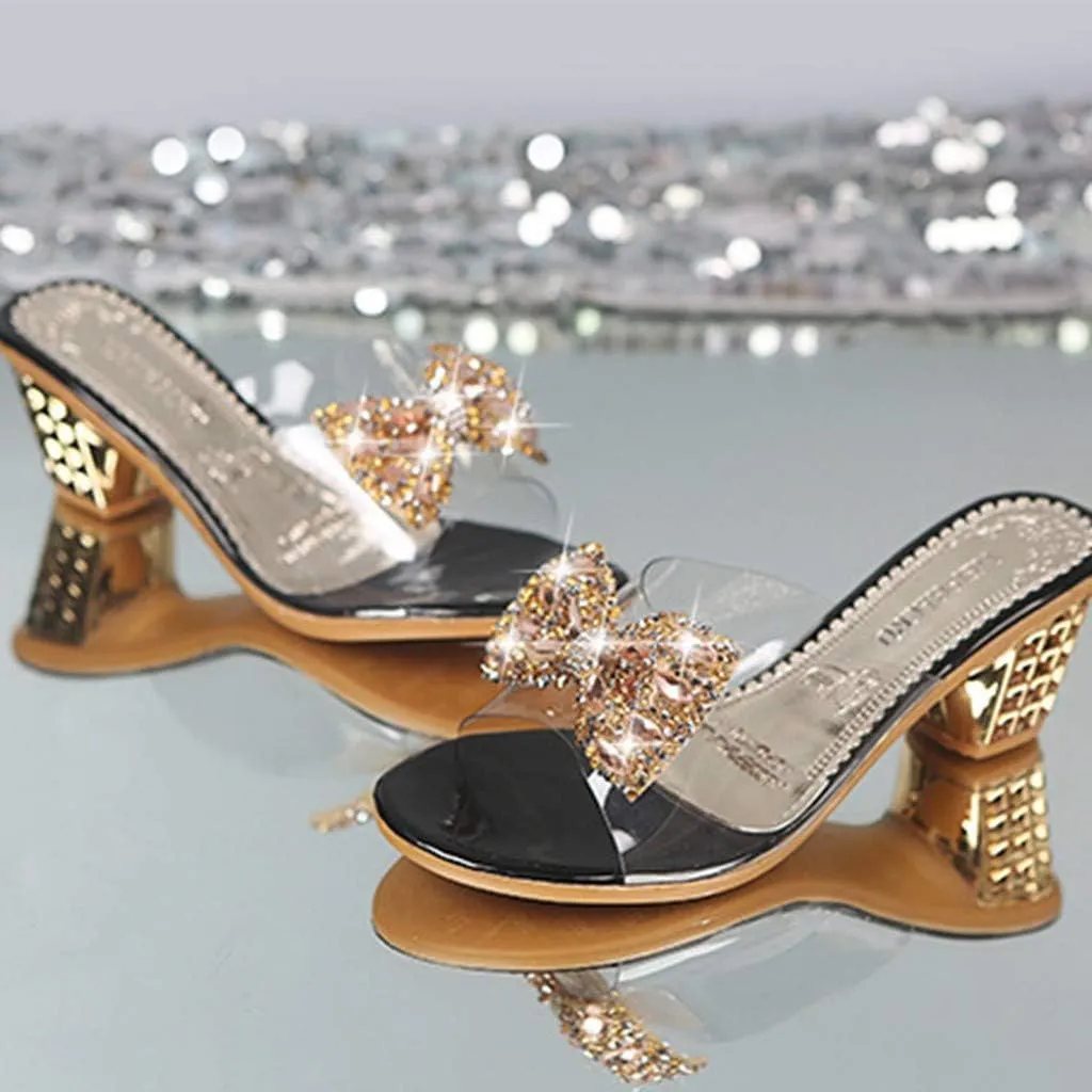 Women's Shoes Bow Knot Crystal Peep Toe Heels High Elegant Slipper Sandals
