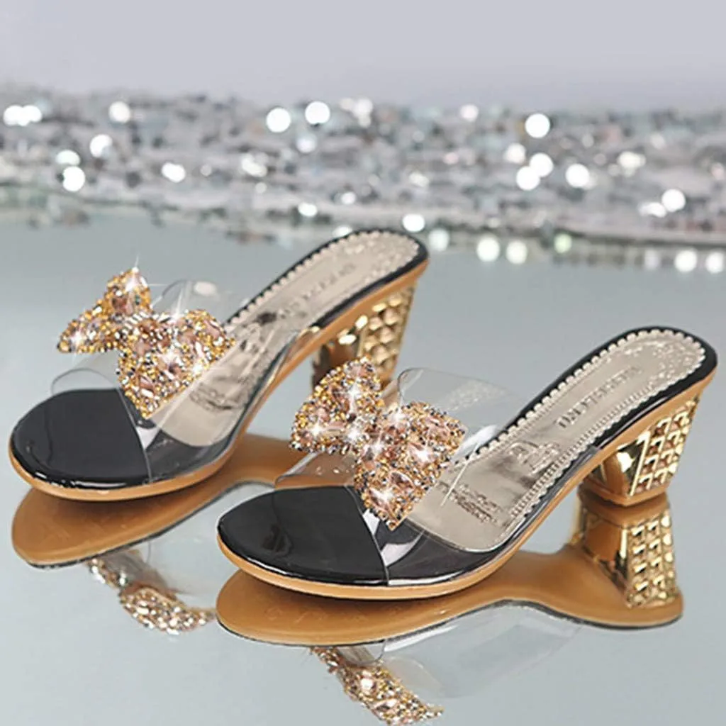 Women's Shoes Bow Knot Crystal Peep Toe Heels High Elegant Slipper Sandals