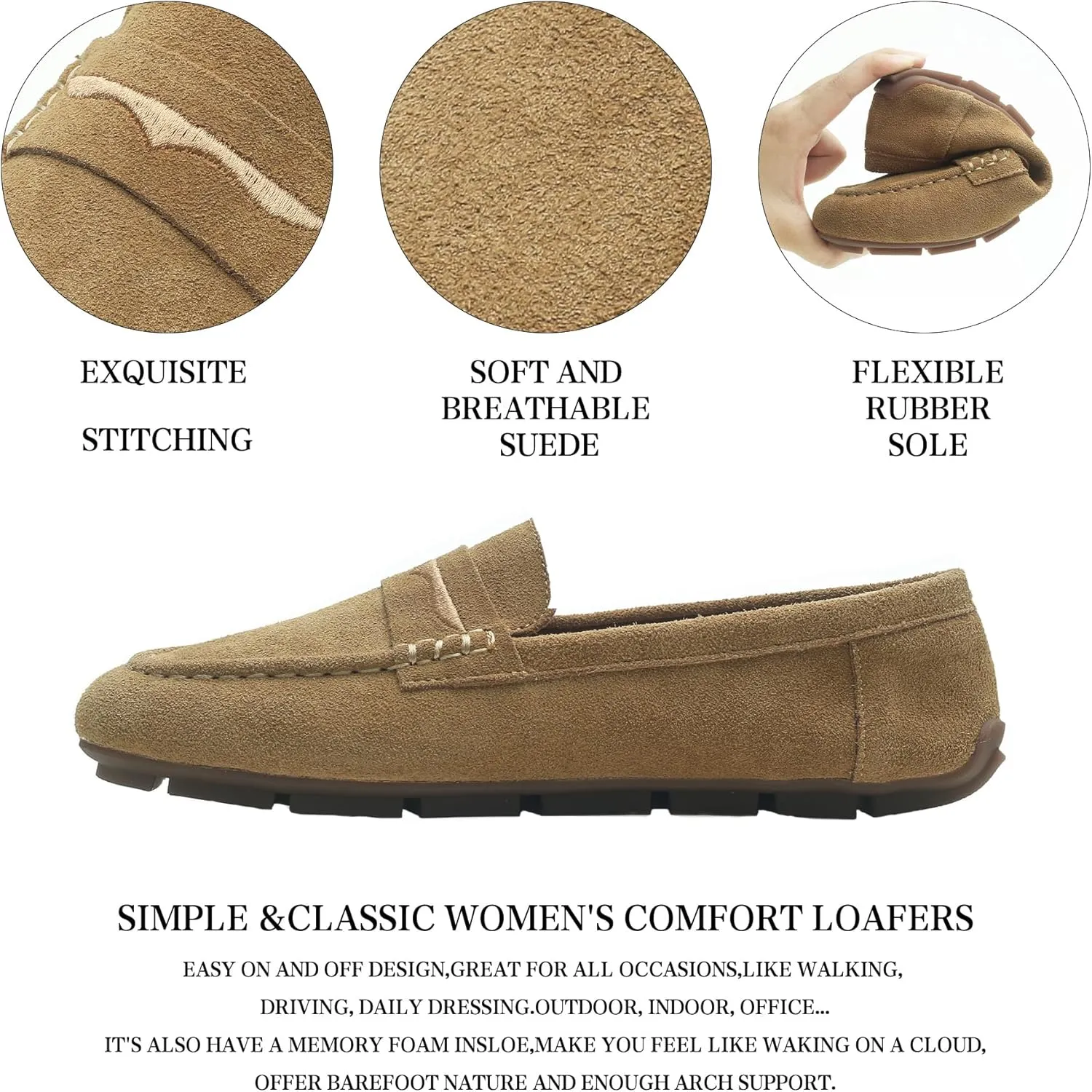 Women's Suede Leather Driving Loafers Comfortable and Elegant Mocasin Shoes Penny Shoes