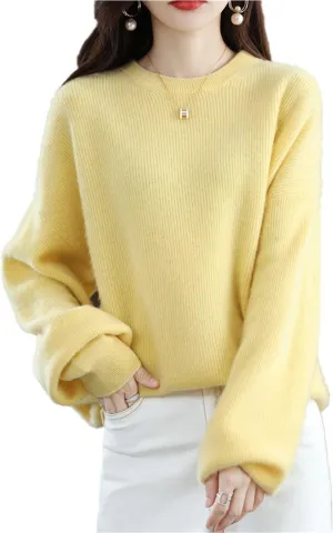 Women's Sweaters 100% Pure Merino Wool Pullover Autumn Winter Loose Knitted O-Neck Long Sleeve Thick Warm Tops