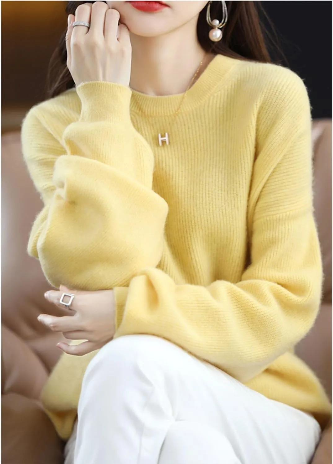 Women's Sweaters 100% Pure Merino Wool Pullover Autumn Winter Loose Knitted O-Neck Long Sleeve Thick Warm Tops