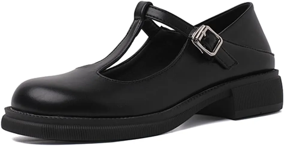 Women's T-Strap Mary Jane Flat Pumps Closed Square Toe Dress Pumps