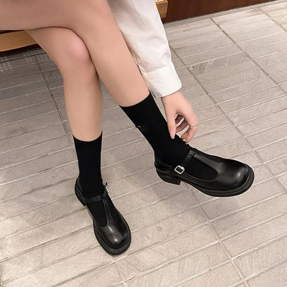 Women's T-Strap Mary Jane Flat Pumps Closed Square Toe Dress Pumps