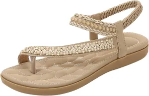 Women's Temperament Flat Sandals Rhinestone Open Toe Slip on Casual Sandal Comfortable Walking Flat Sandals