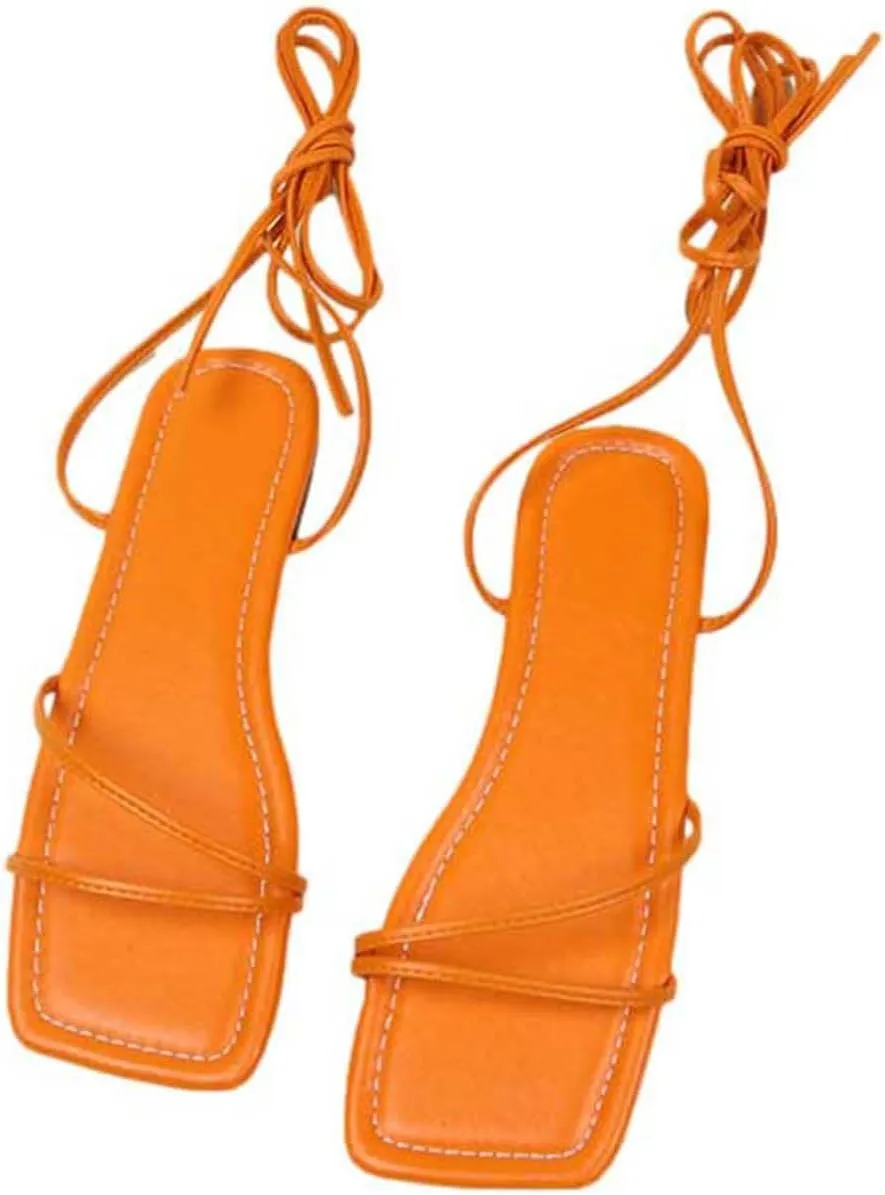 Women's Trendy Roman Gladiator Sandal Footwear Criss Cross Lace-Up Flat Sandals Comfortable Summer Square Toe Flats