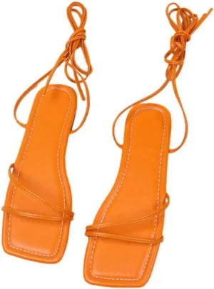 Women's Trendy Roman Gladiator Sandal Footwear Criss Cross Lace-Up Flat Sandals Comfortable Summer Square Toe Flats