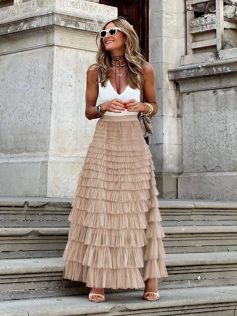 Women's Tulle Skirts Trendy Elastic Waist Layered Mesh Long Skirt A-Line Ruffles Fairy Skirts