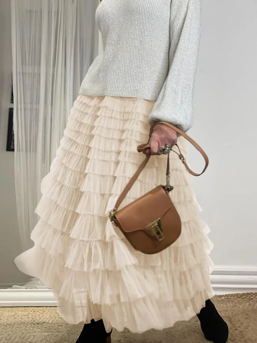 Women's Tulle Skirts Trendy Elastic Waist Layered Mesh Long Skirt A-Line Ruffles Fairy Skirts