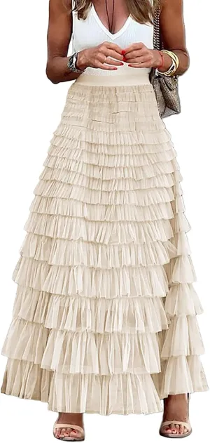 Women's Tulle Skirts Trendy Elastic Waist Layered Mesh Long Skirt A-Line Ruffles Fairy Skirts