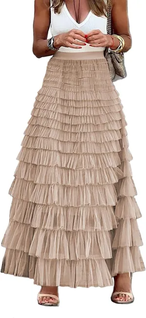 Women's Tulle Skirts Trendy Elastic Waist Layered Mesh Long Skirt A-Line Ruffles Fairy Skirts