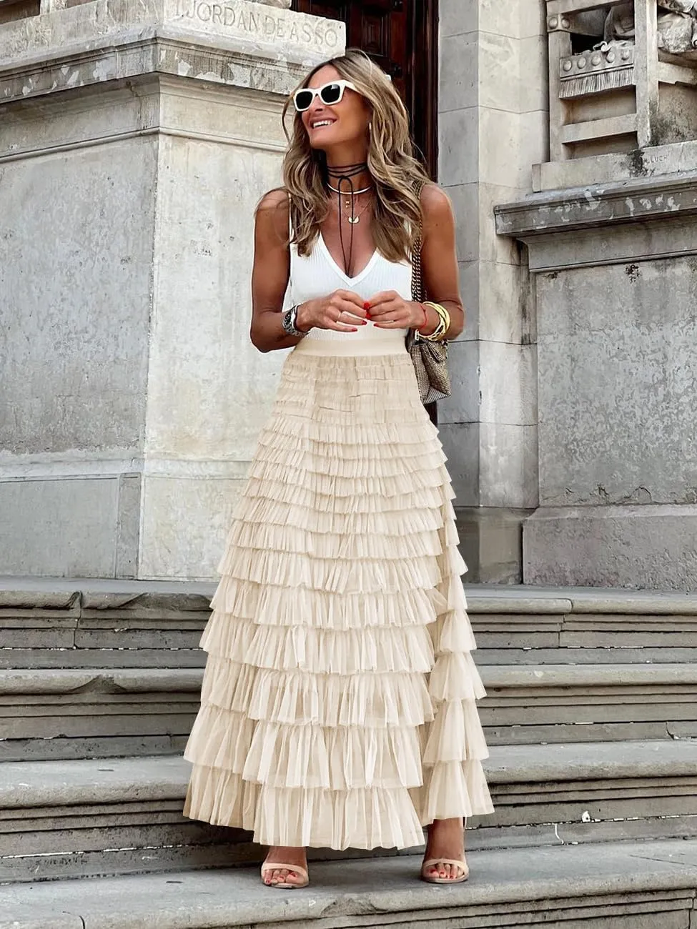 Women's Tulle Skirts Trendy Elastic Waist Layered Mesh Long Skirt A-Line Ruffles Fairy Skirts