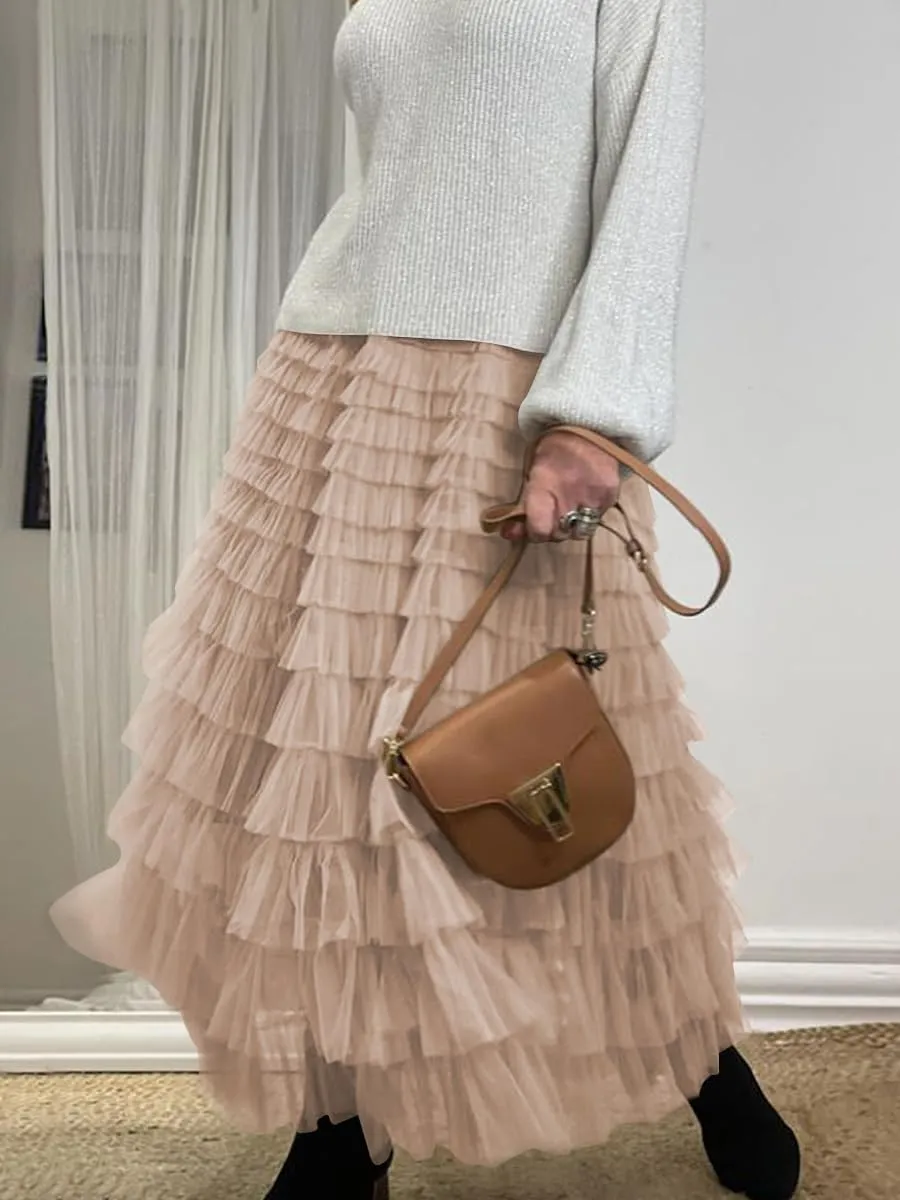 Women's Tulle Skirts Trendy Elastic Waist Layered Mesh Long Skirt A-Line Ruffles Fairy Skirts