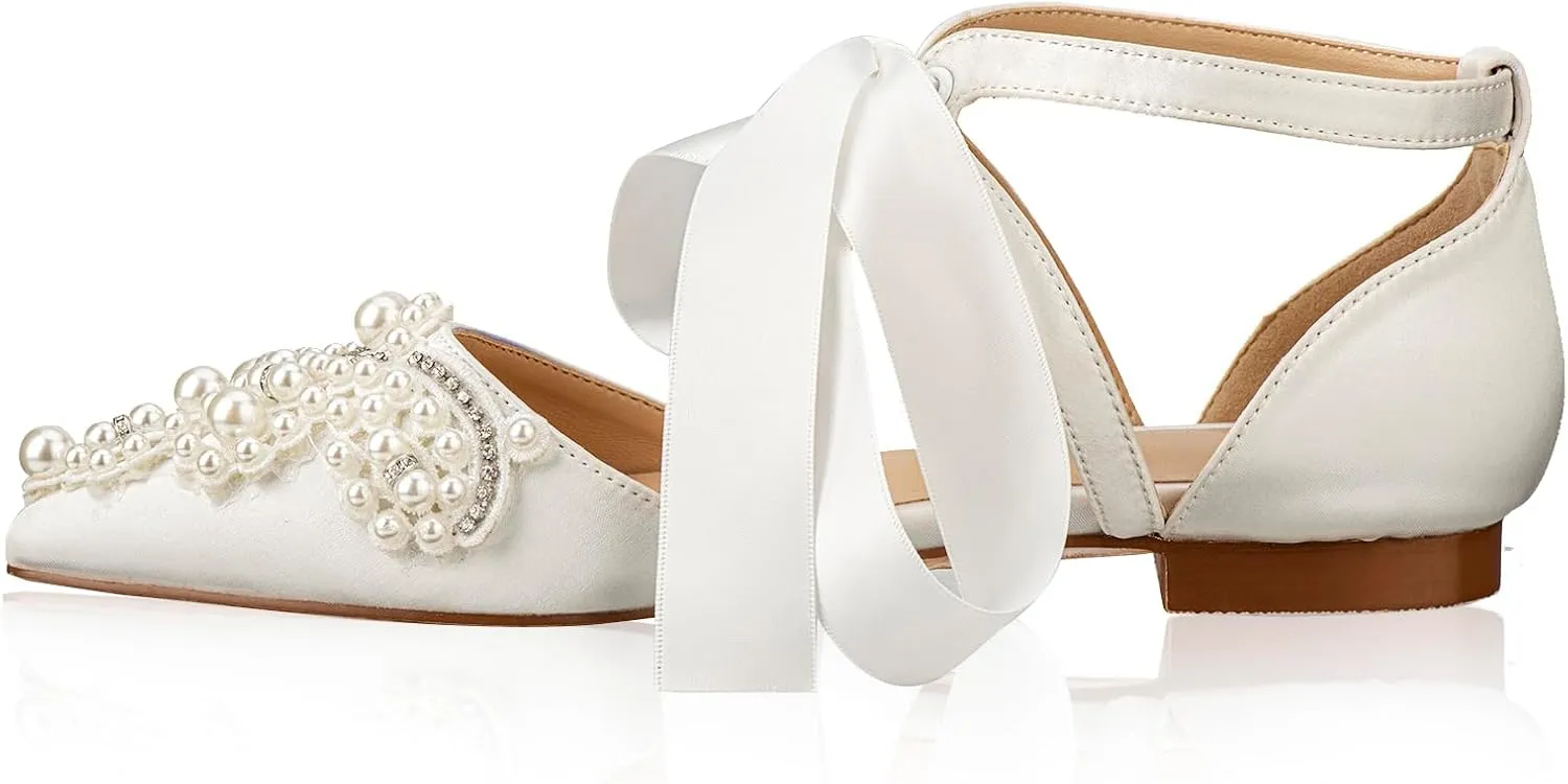 Women's Wedding Flat Pearl Rhinestone Pointed Toe Ivory Satin Ribbon Tie Bridal Shoes