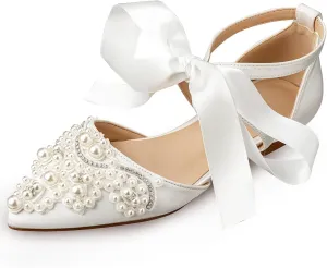 Women's Wedding Flat Pearl Rhinestone Pointed Toe Ivory Satin Ribbon Tie Bridal Shoes