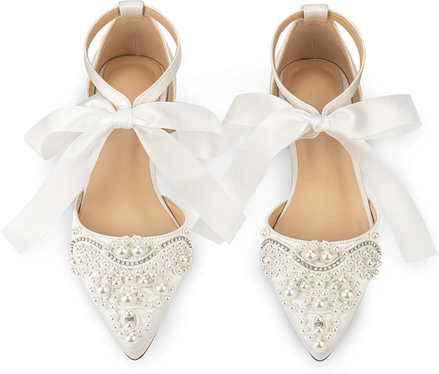 Women's Wedding Flat Pearl Rhinestone Pointed Toe Ivory Satin Ribbon Tie Bridal Shoes