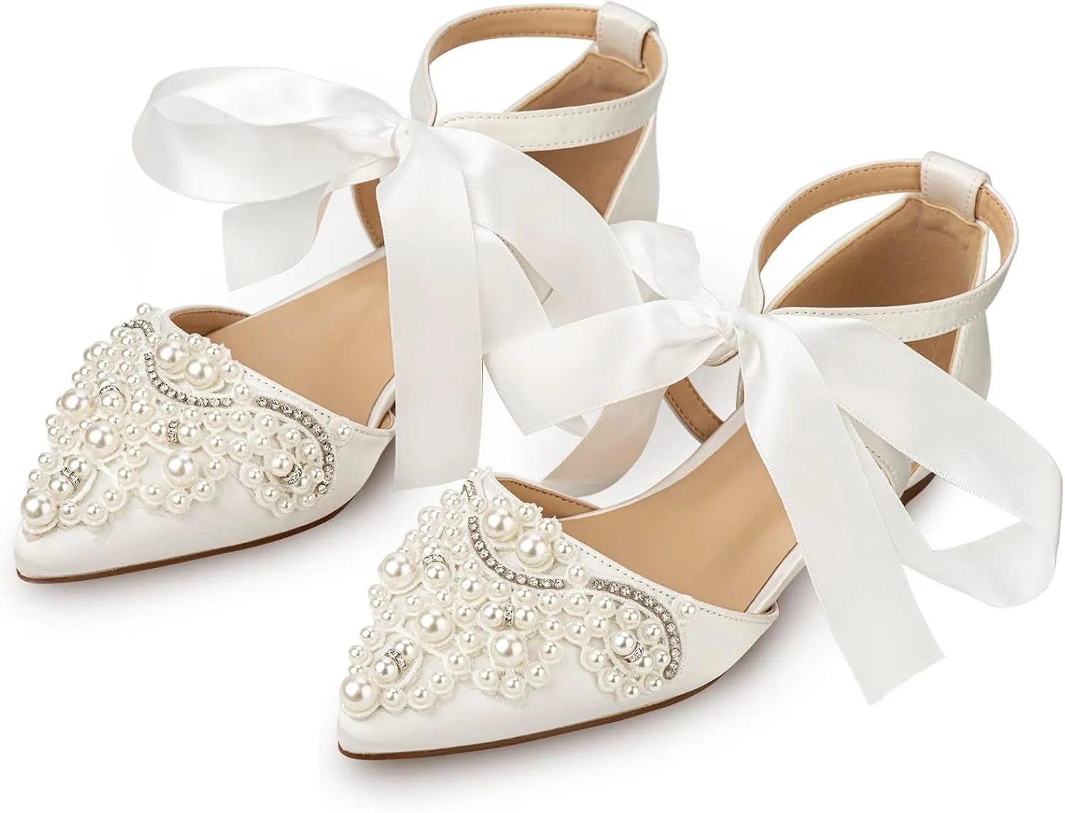 Women's Wedding Flat Pearl Rhinestone Pointed Toe Ivory Satin Ribbon Tie Bridal Shoes