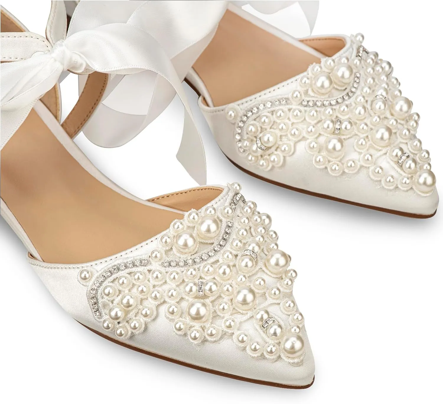 Women's Wedding Flat Pearl Rhinestone Pointed Toe Ivory Satin Ribbon Tie Bridal Shoes