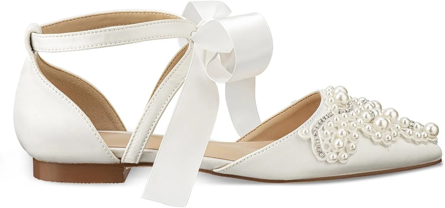 Women's Wedding Flat Pearl Rhinestone Pointed Toe Ivory Satin Ribbon Tie Bridal Shoes