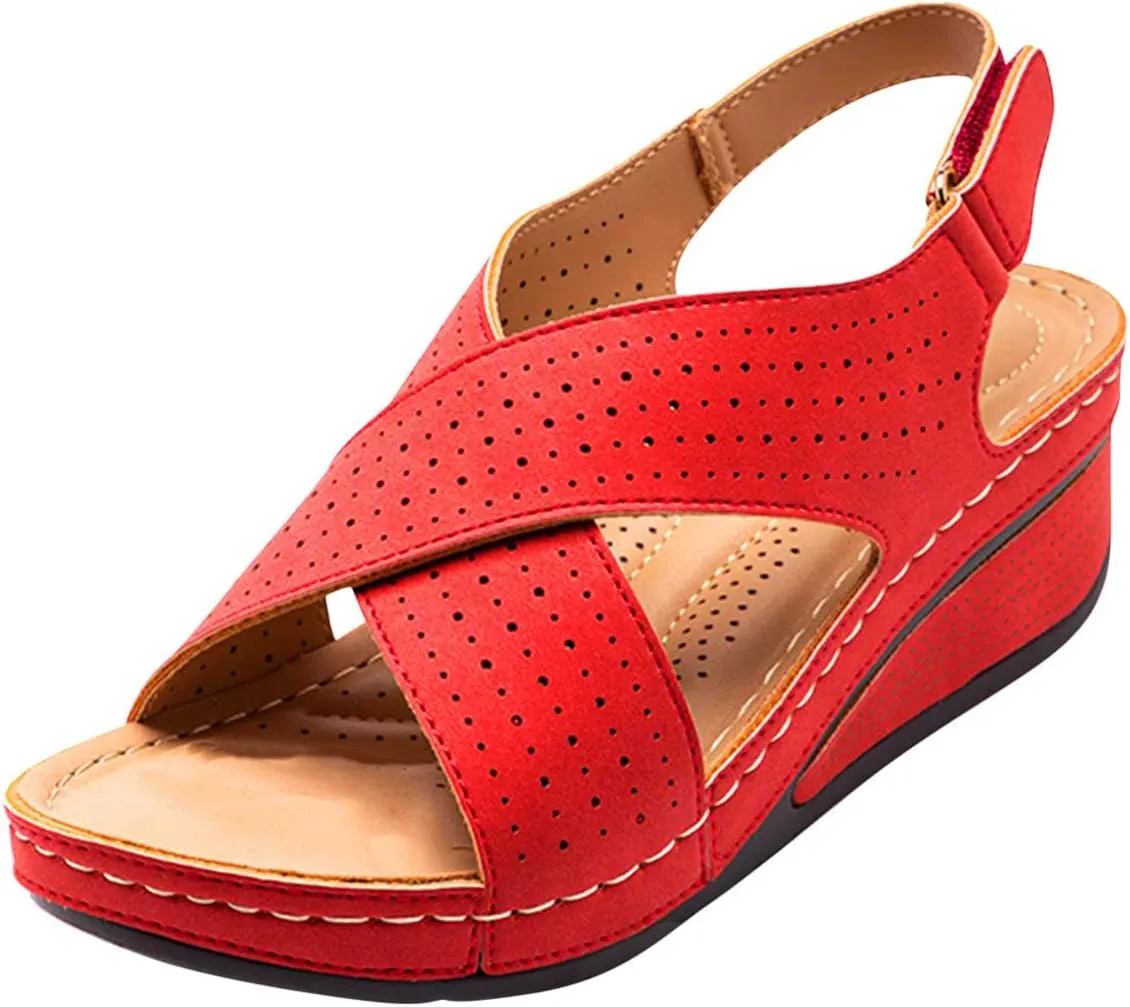 Women's Wedge Sandals with Perforated Cross Strap Summer Open Toe Comfortable Sandal Stylish Flat Shoes Non-Slip