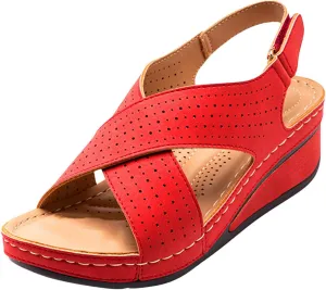 Women's Wedge Sandals with Perforated Cross Strap Summer Open Toe Comfortable Sandal Stylish Flat Shoes Non-Slip