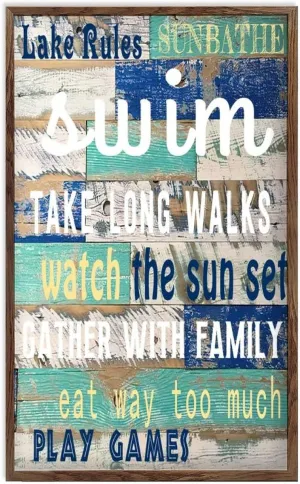 Wood Framed Sign Farmhouse Lake Rules Rustic Family Sign, Take Long Walks Lake Decorative Rustic Bedroom Home Wall Decor Sign for Above Bed 12x22 Inch Mother's