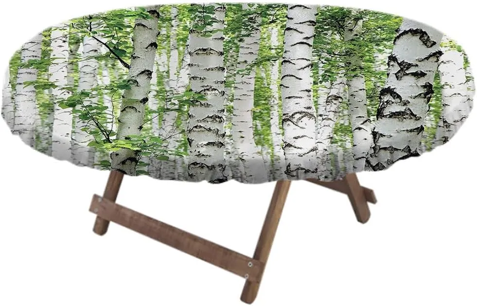 Woodland Fitted Table Cover, Birch Trees in The Forest Summertime Wildlife Nature Outdoors Themed Picture, Indoor/Outdoor Waterproof Tablecloth, Patio and Kitchen Dining, Fits 48" x 72" Table