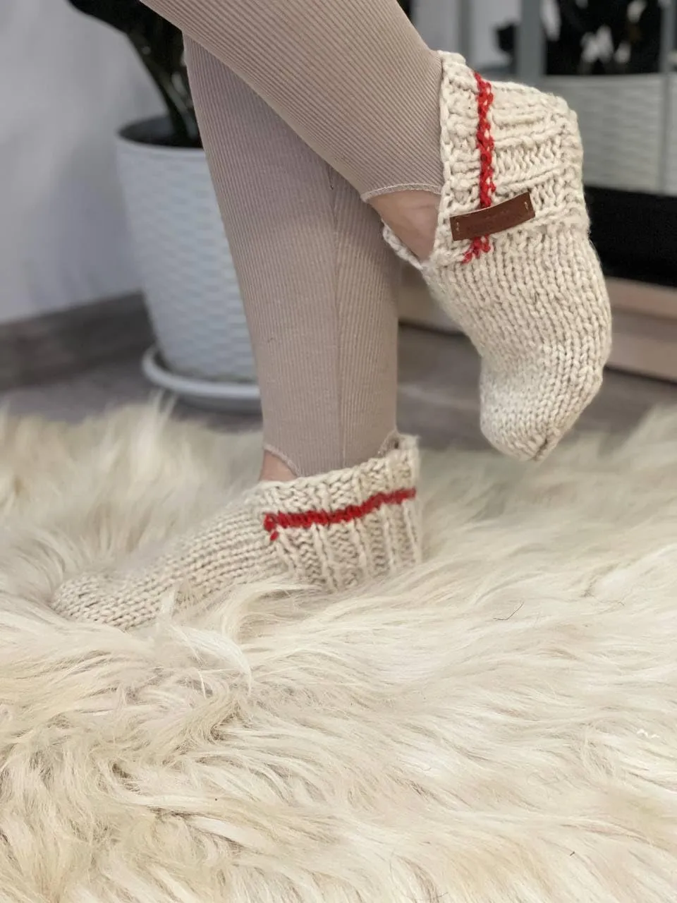 Wool Hand-Knitted Slippers | Eco-Friendly Organic Slippers | Warm White Room Slippers for Everyday Comfort | Handmade and Cozy (Women’s 8-8.5)