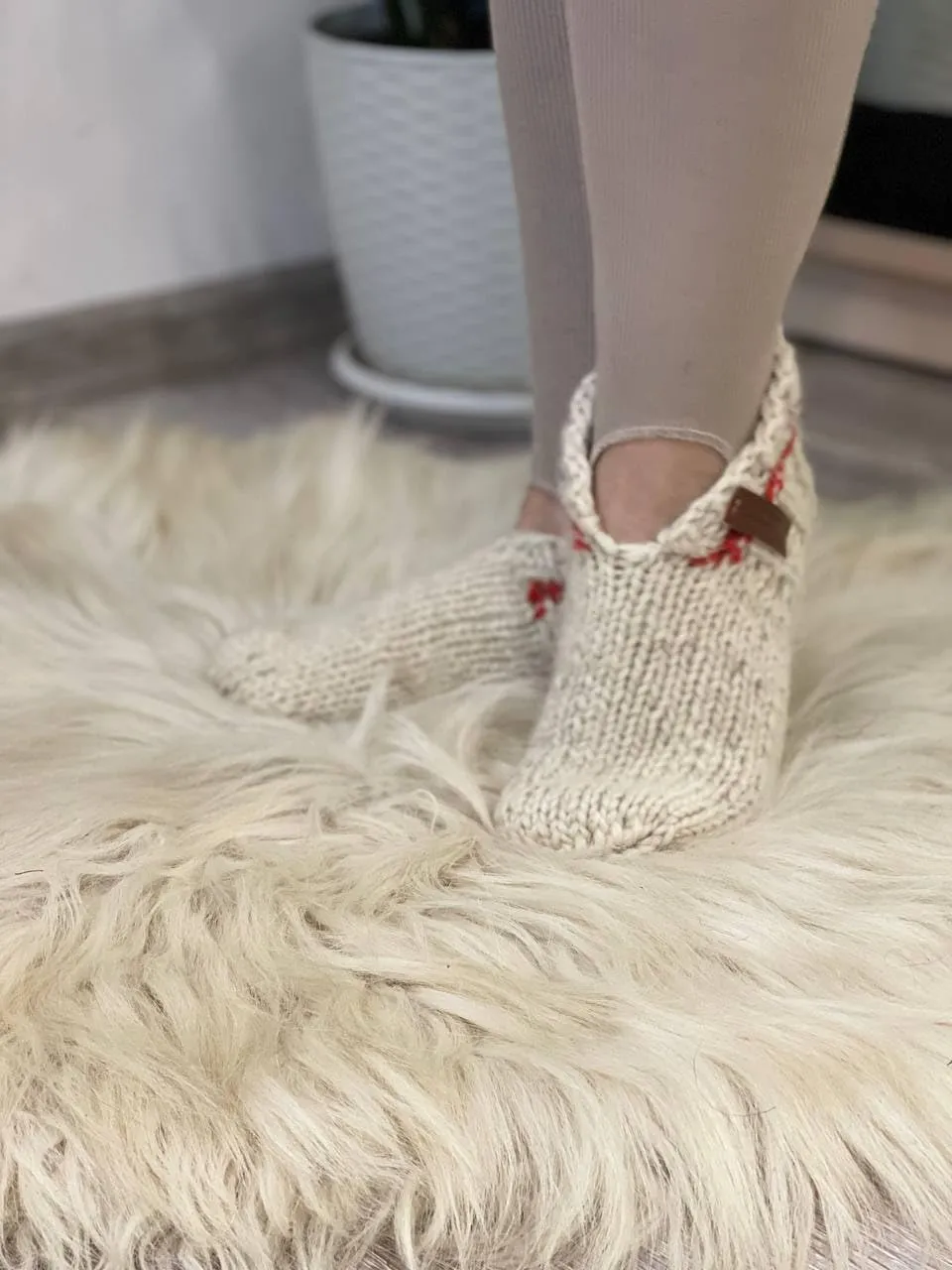 Wool Hand-Knitted Slippers | Eco-Friendly Organic Slippers | Warm White Room Slippers for Everyday Comfort | Handmade and Cozy (Women’s 8-8.5)