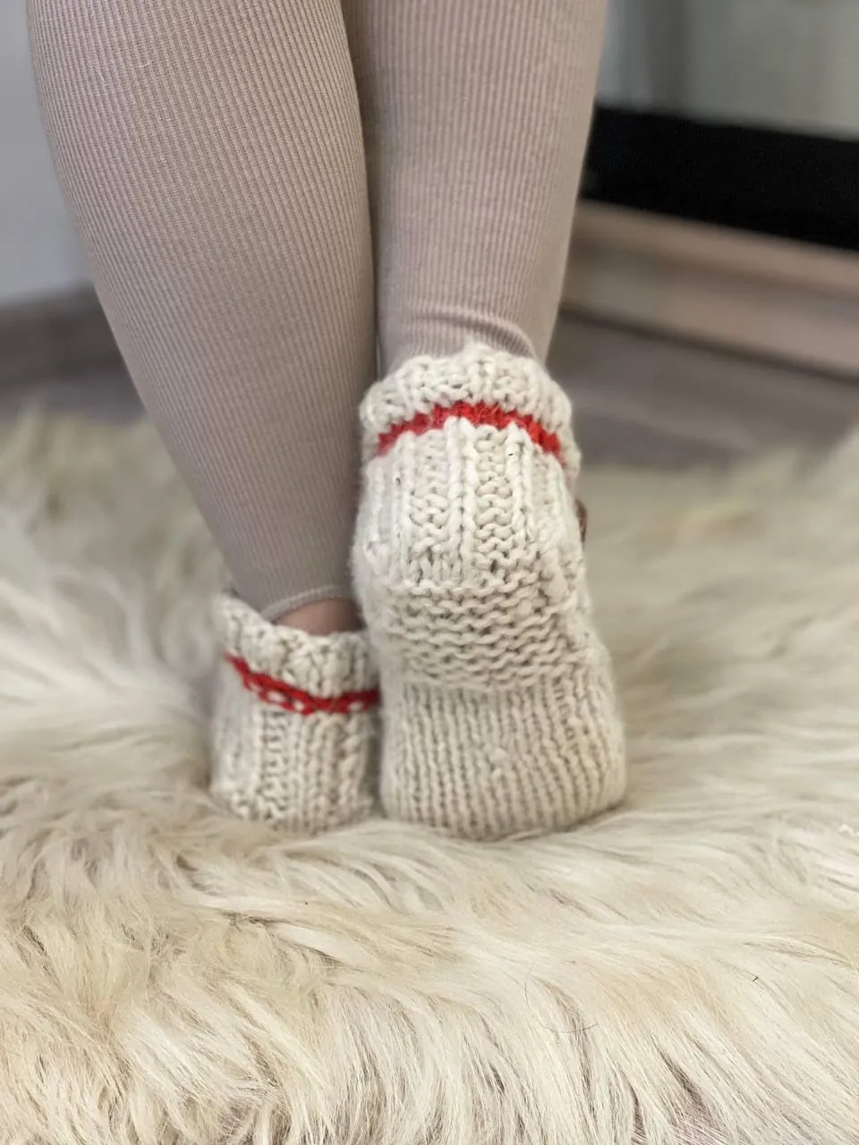 Wool Hand-Knitted Slippers | Eco-Friendly Organic Slippers | Warm White Room Slippers for Everyday Comfort | Handmade and Cozy (Women’s 8-8.5)