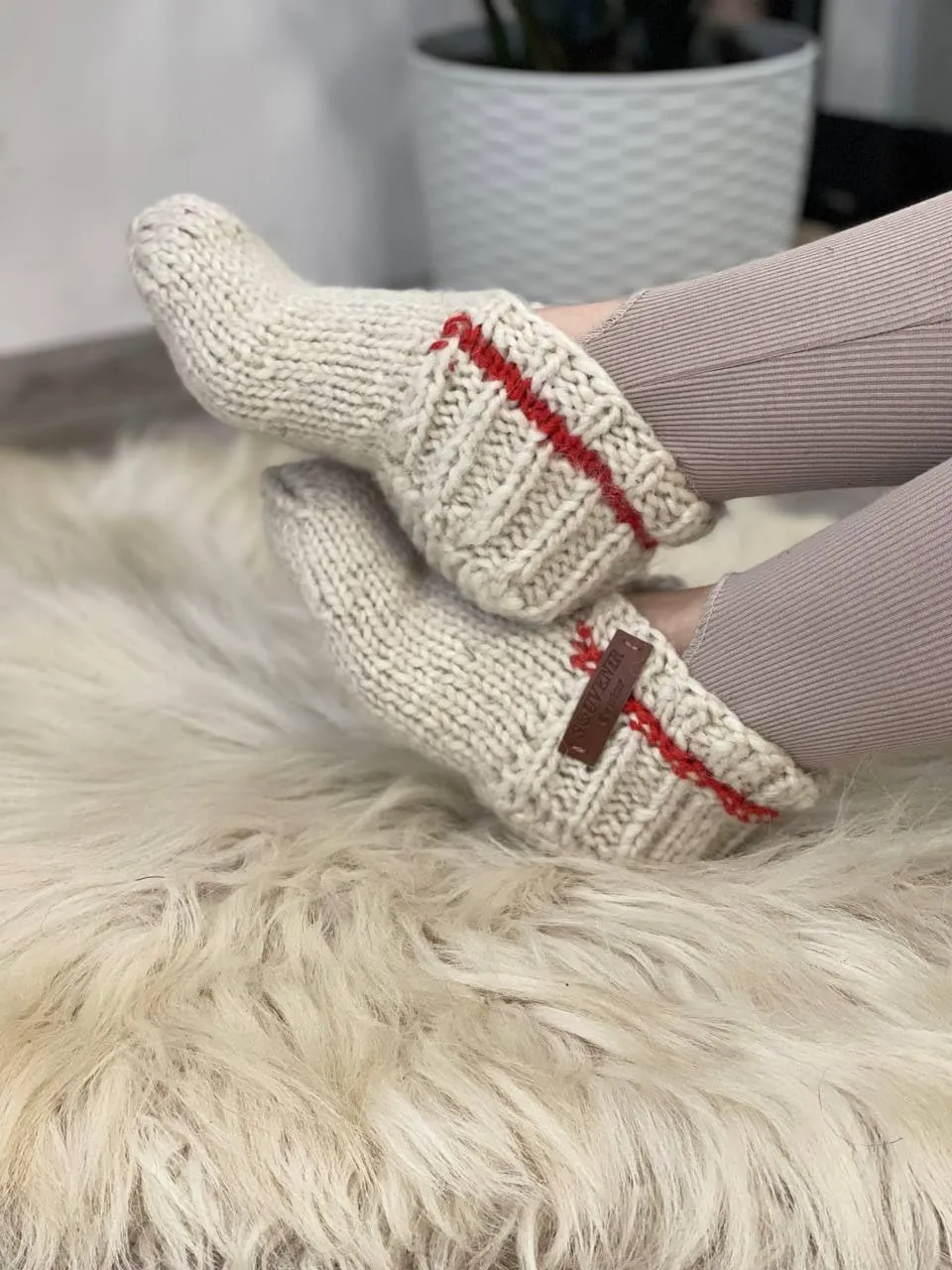 Wool Hand-Knitted Slippers | Eco-Friendly Organic Slippers | Warm White Room Slippers for Everyday Comfort | Handmade and Cozy (Women’s 8-8.5)