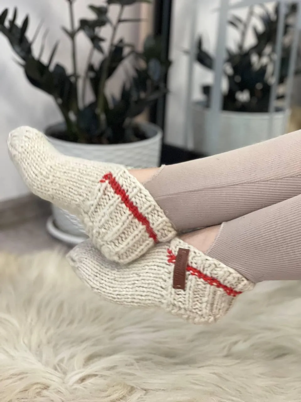 Wool Hand-Knitted Slippers | Eco-Friendly Organic Slippers | Warm White Room Slippers for Everyday Comfort | Handmade and Cozy (Women’s 8-8.5)